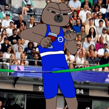 a cartoon of a bear wearing a blue tank top with a greek letter e on it