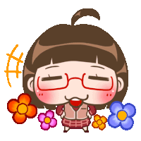 a cartoon of a girl with glasses surrounded by colorful flowers