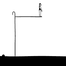 a black and white drawing of two people sitting on a stick