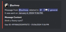 a screenshot of a message from @quiteep deleted in general