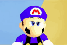 a cartoon character wearing a blue hat with a red m on it