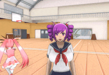 a girl with purple hair is standing in a gym with a basketball hoop in the background