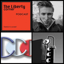 a poster for the liberty corner podcast shows a man and a building