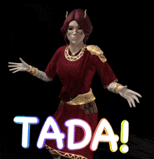 a woman in a red dress is standing in front of a black background with the word " tad " on the bottom