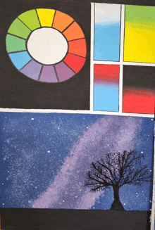 a painting of a tree with a colorful circle in the middle