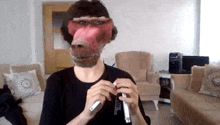 a man wearing a monkey mask playing a flute in a living room