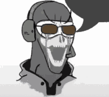 a drawing of a skull wearing sunglasses and headphones with a speech bubble above his head .