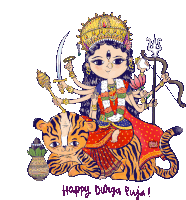 a cartoon drawing of a goddess sitting on a tiger with the words happy durga puja below her