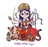 a cartoon drawing of a goddess sitting on a tiger with the words happy durga puja below her