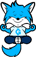 a blue fox wearing a white shirt with a dollar sign on it sits in a lotus position