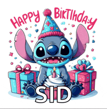 a birthday card with stitch holding a cupcake and a candle