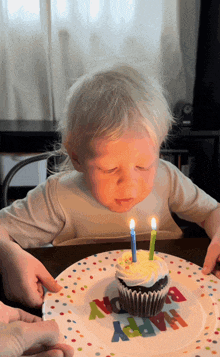 a little boy blows out two candles on a cupcake on a happy birthday plate