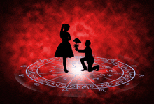 a silhouette of a man kneeling down giving a woman flowers