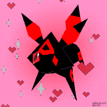 a pixel art drawing of a black and red monster with hearts around it by omega kot # 61319