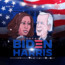 a cartoon of biden harris and kamala harris with the american flag in the background