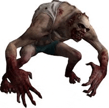 a zombie in a white shirt and blue shorts is crawling on the ground .