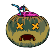 a cartoon drawing of a dead coconut with a straw and an umbrella