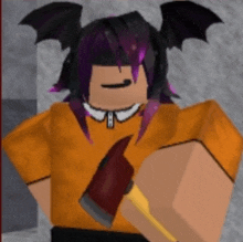 a girl with purple hair and bat wings is holding a red axe