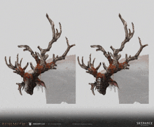 an advertisement for skydance games shows a deer with antlers hanging from a wall