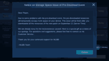 a notice on storage space issue of pre-download event is shown