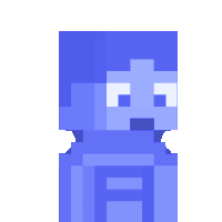 a pixel art drawing of a skeleton with blue hair