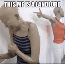 a woman with a bald head is pointing at another woman with the caption this mf is a landlord