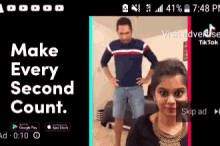 a man and a woman are standing next to each other on a phone screen that says make every second count .