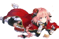 a girl with pink hair and a red cape is laying on the floor eating a pancake .