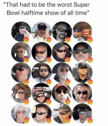 a bunch of people in circles with angry faces and the caption that had to be the worst super bowl halftime show of all time