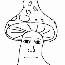 a black and white drawing of a mushroom with a person 's face on it .