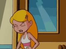 a cartoon girl is standing in front of a door with her hands on her hips .