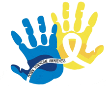 a blue and yellow hand with the words down syndrome awareness