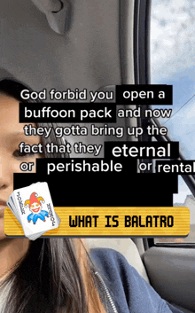 a picture of a woman in a car with a joker card that says ' what is balatro '