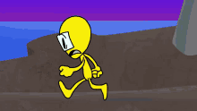 a yellow cartoon character with a square face is running