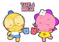 two cartoon characters holding cups of coffee and the words take a break