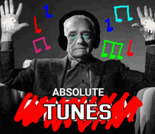 an advertisement for absolute tunes shows an elderly man wearing headphones