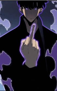 a man is giving the middle finger with a purple background