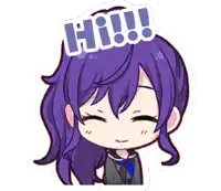 a girl with purple hair has a sticker on her head that says hi !