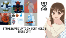 a girl pointing at a sign that says sai 's gpd shop