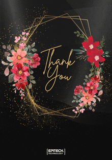 a thank you card with flowers and a gold frame