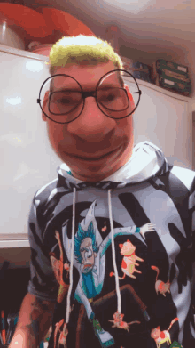 a man wearing a rick and morty hoodie makes a funny face