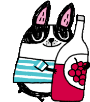 a cartoon dog is holding a bottle of wine and grapes