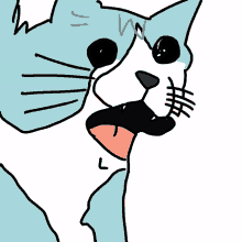 a drawing of a blue and white cat with its tongue hanging out