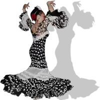 a woman in a black and white polka dot dress dancing