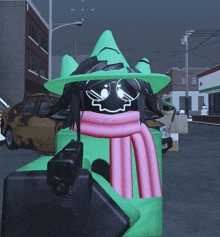 a cartoon character with a green hat and pink scarf holding a gun