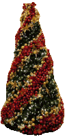 a christmas tree is decorated with red and gold decorations