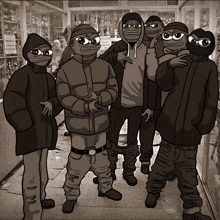 a black and white drawing of a group of frogs wearing hoods