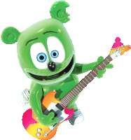 a green gummy bear is holding a guitar and smiling