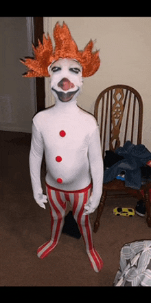 a person dressed in a clown costume with a red wig