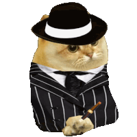 a cat wearing a hat and striped suit is holding a cigar